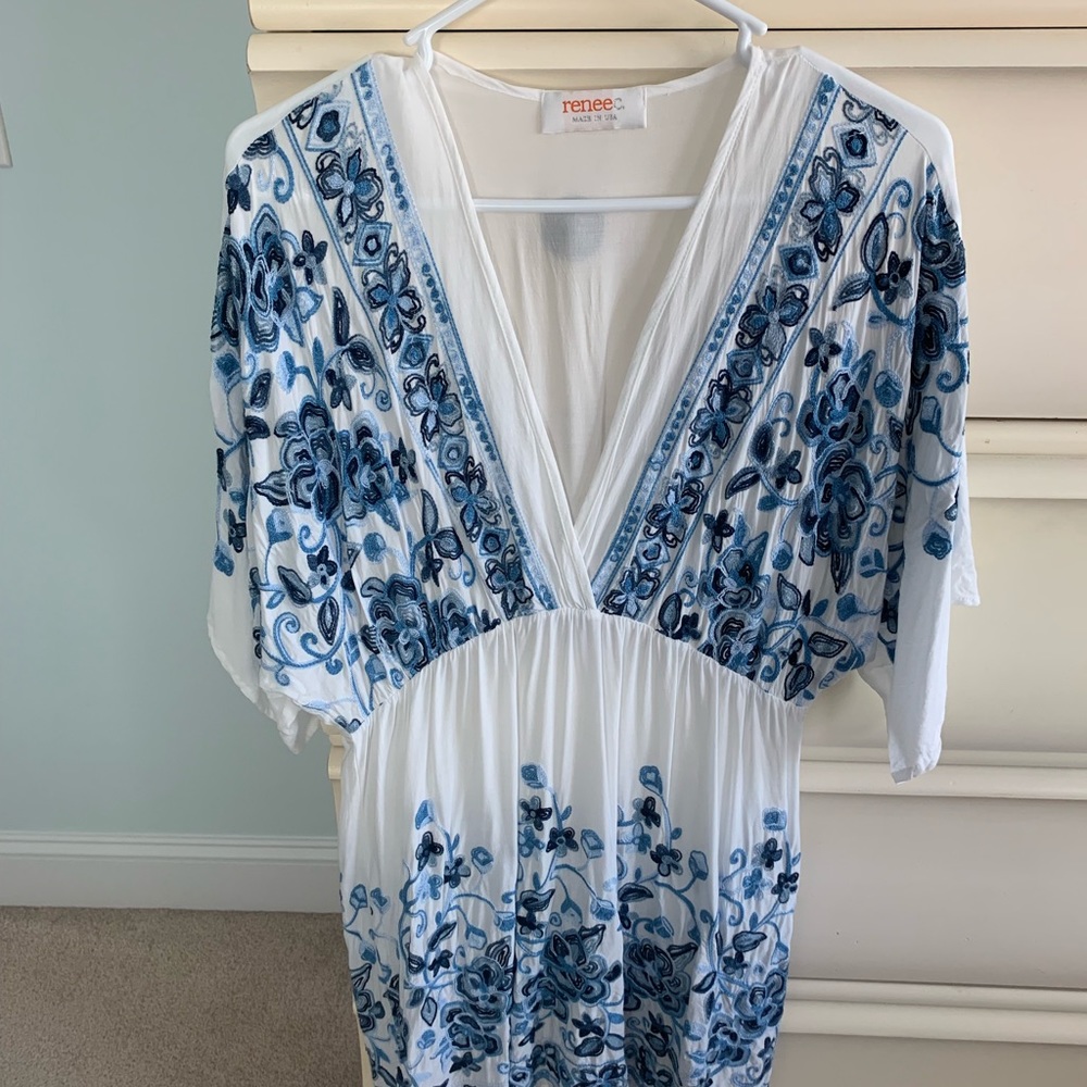 Renee C. White shirt with blue embroidery